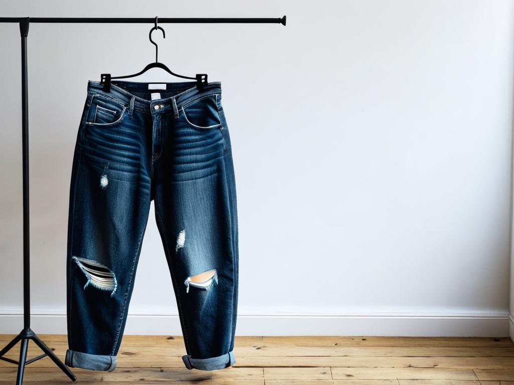 Темные изношенные мешковатые джинсы бойфренд на вешалке