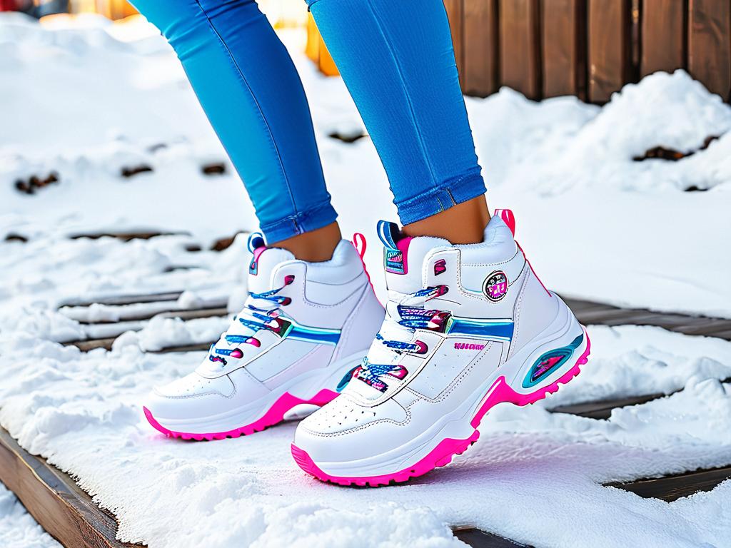 Яркие бело-розово-голубые зимние женские кроссовки
