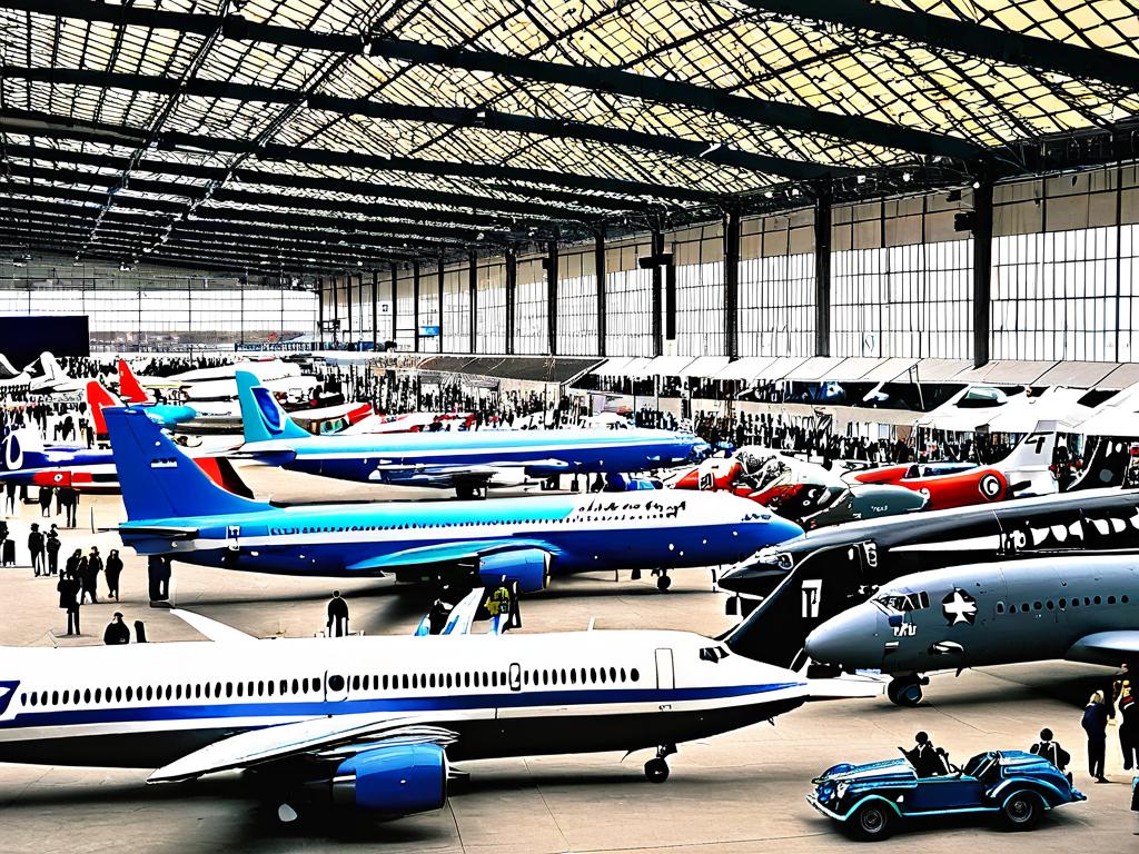 Вид выставочного павильона с различными самолетами внутри