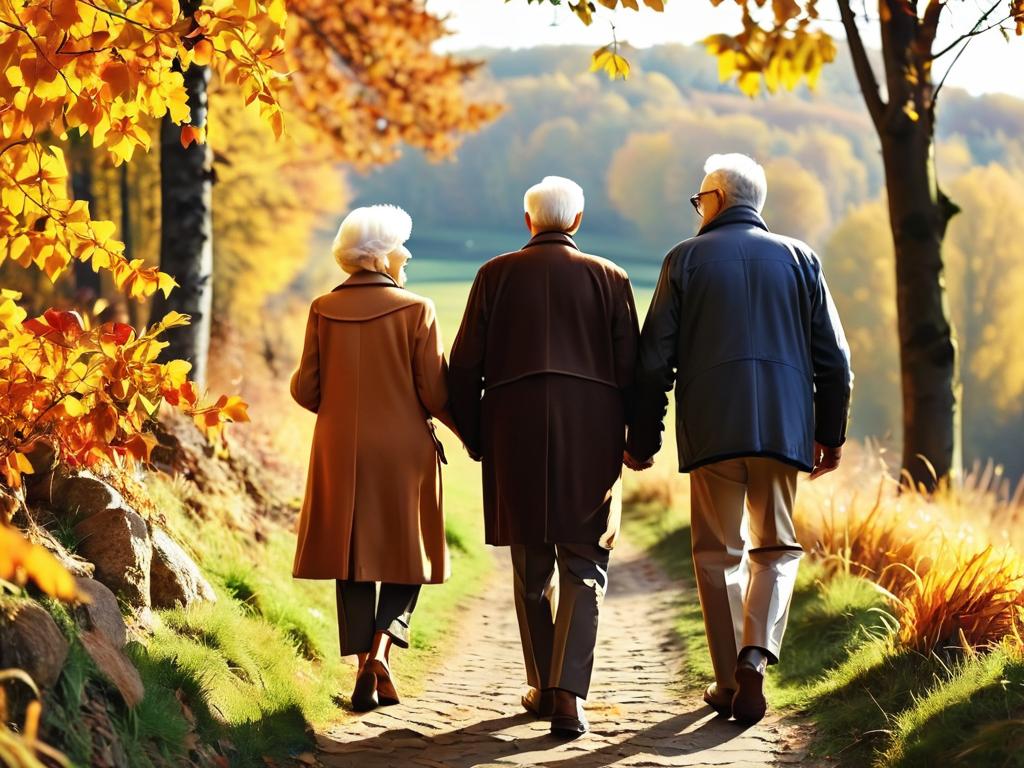 Пожилая пара гуляет на улице осенью
