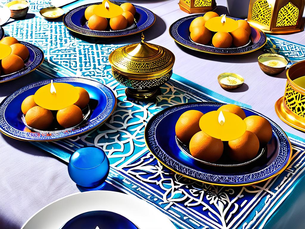 Украшения и еда на столе к Рамадану
