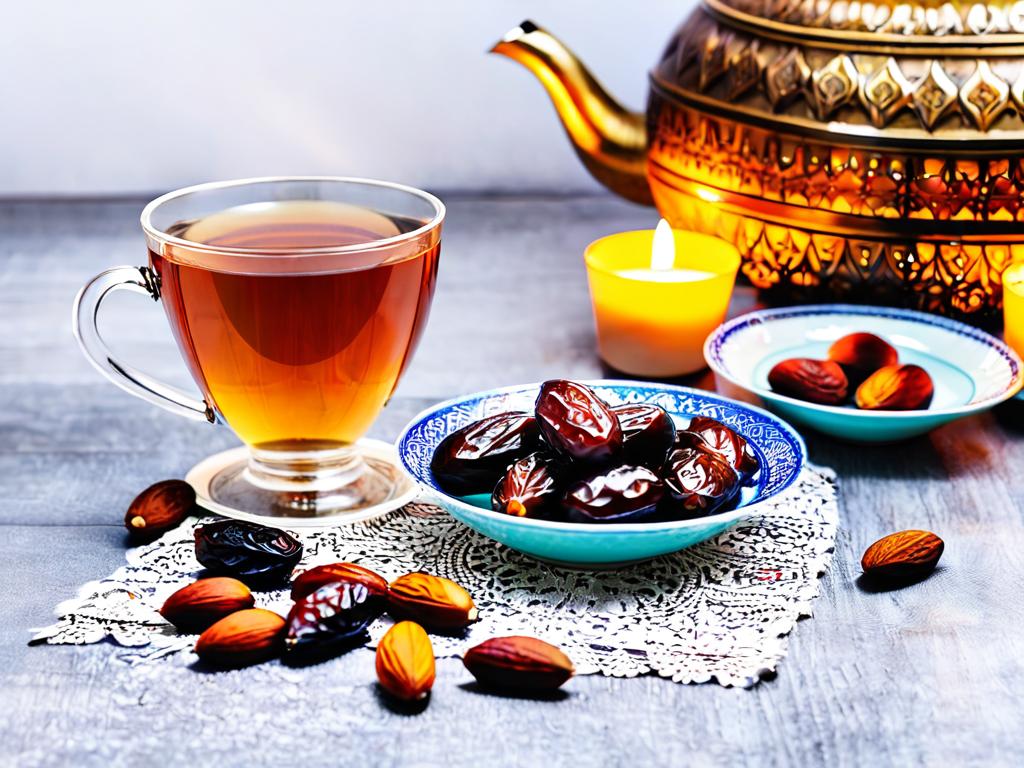 Финики, орехи и чай на праздничном столе в Рамадан