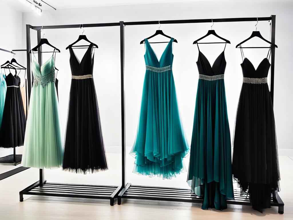 Различные силуэты вечерних платьев в модном бутике