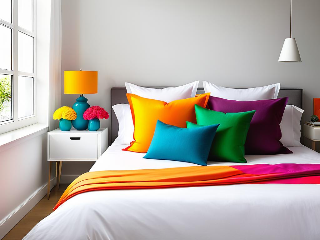 Яркие подушки и постельное белье на белой кровати в современной спальне