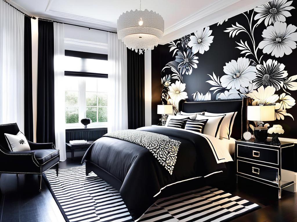 Монохромный черно-белый дизайн спальни с цветочными акцентами
