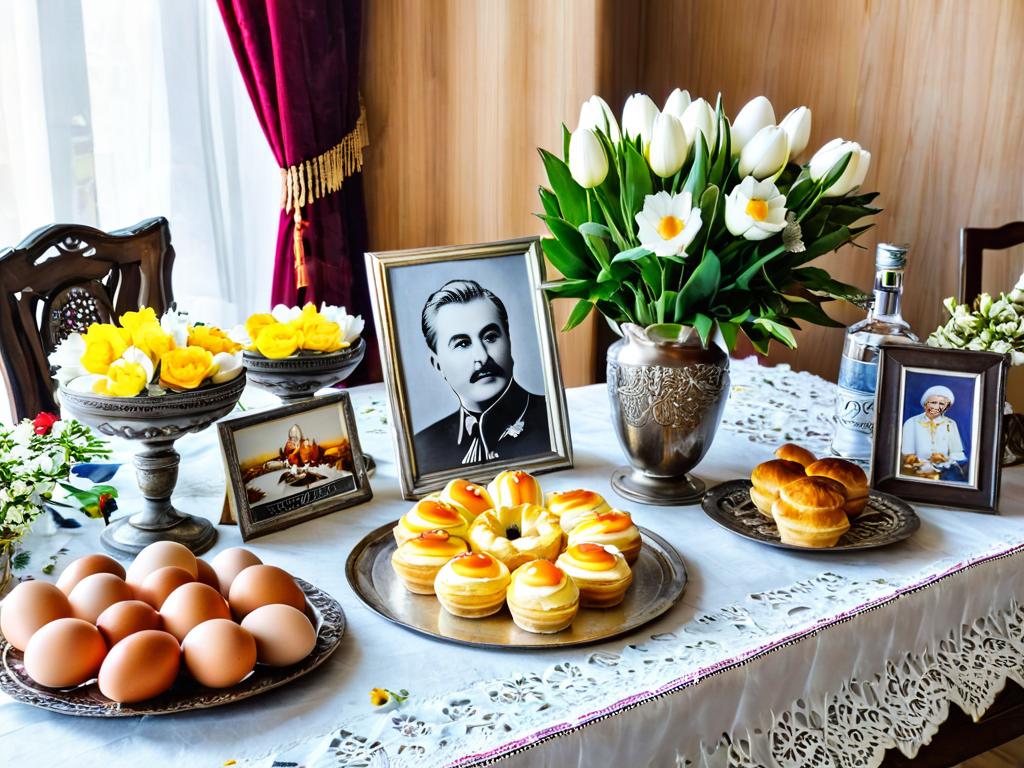 Домашний поминальный стол с выпечкой, яйцами и водкой в память об умерших родственниках в день