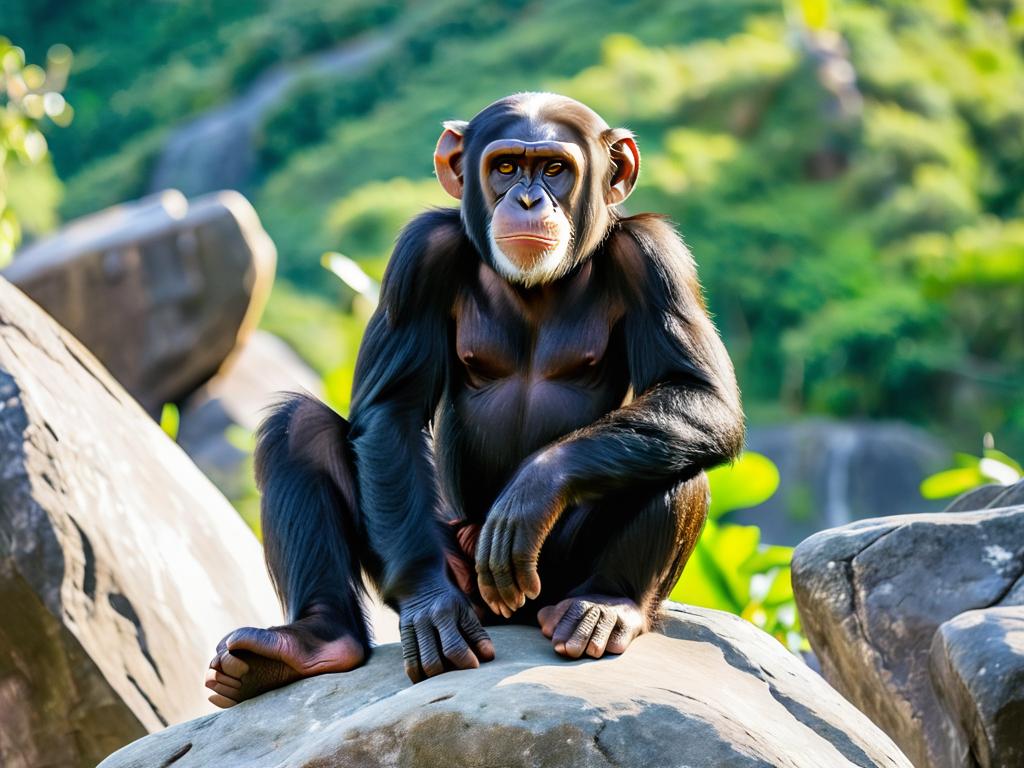Шимпанзе, сидящий на камне и смотрящий вдаль