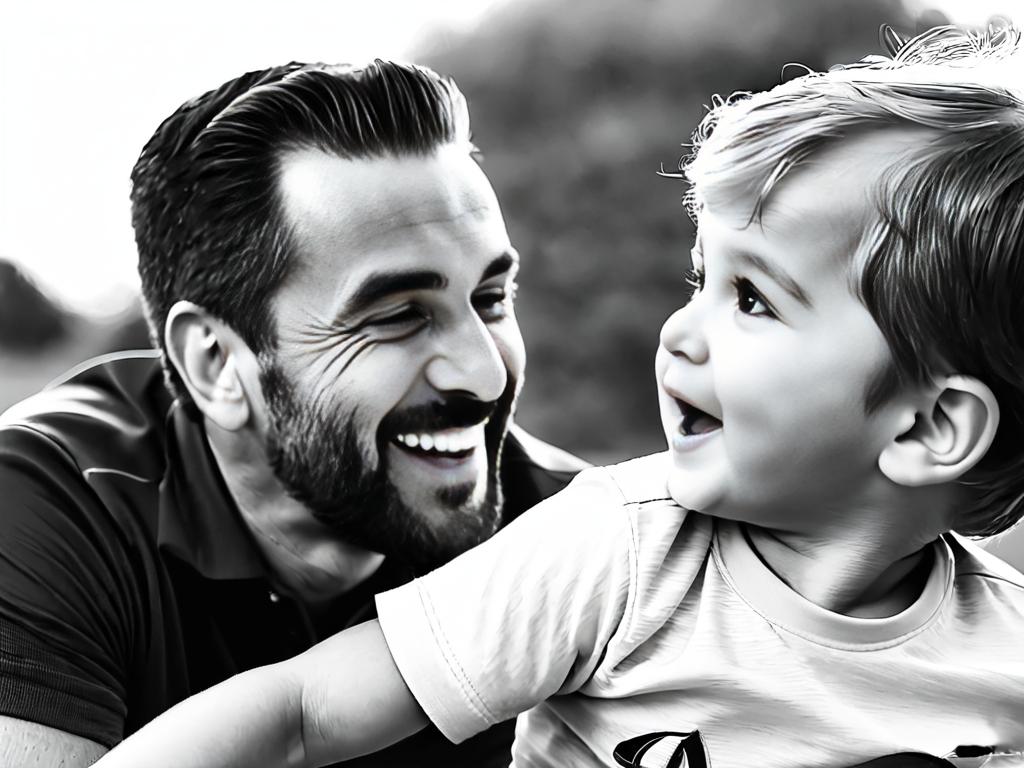 Черно-белая фотография отца, играющего с сыном