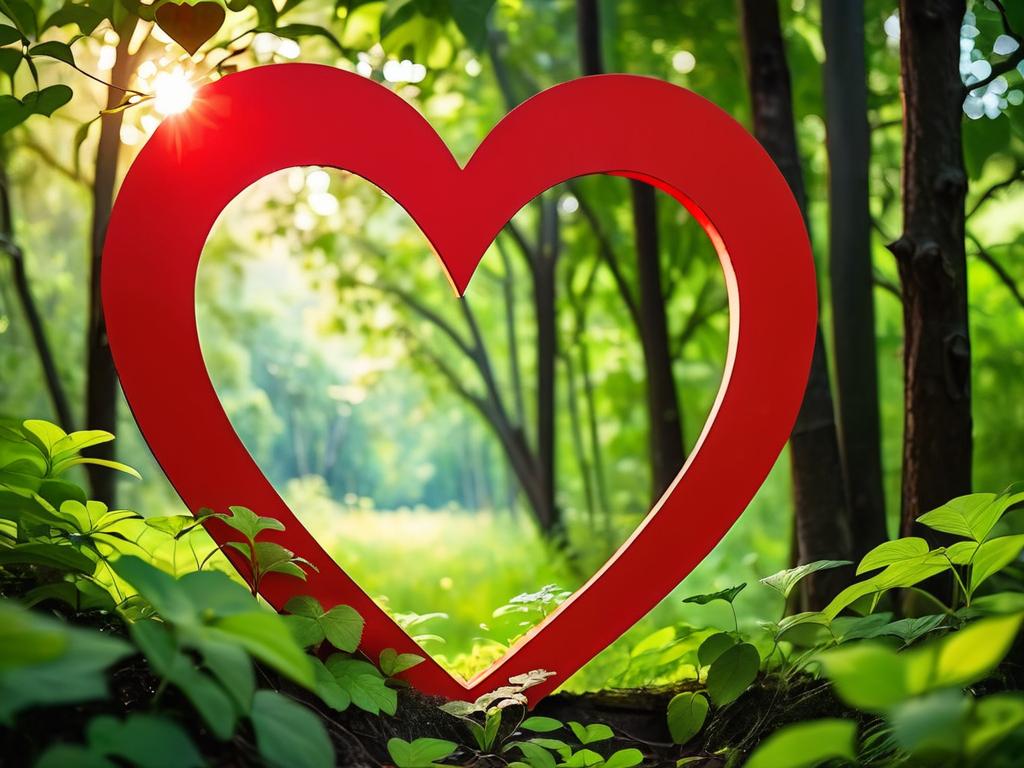 Вырезанное в форме сердца красное сердце на фоне природы