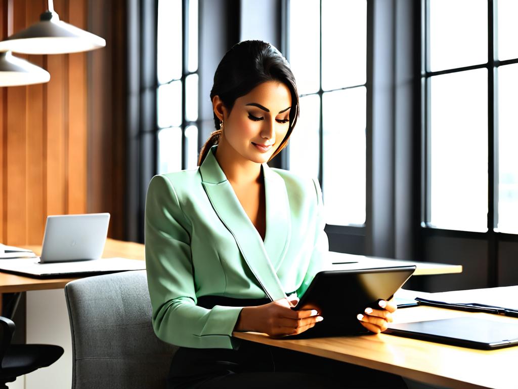 Женщина с планшетом сидит за офисным столом