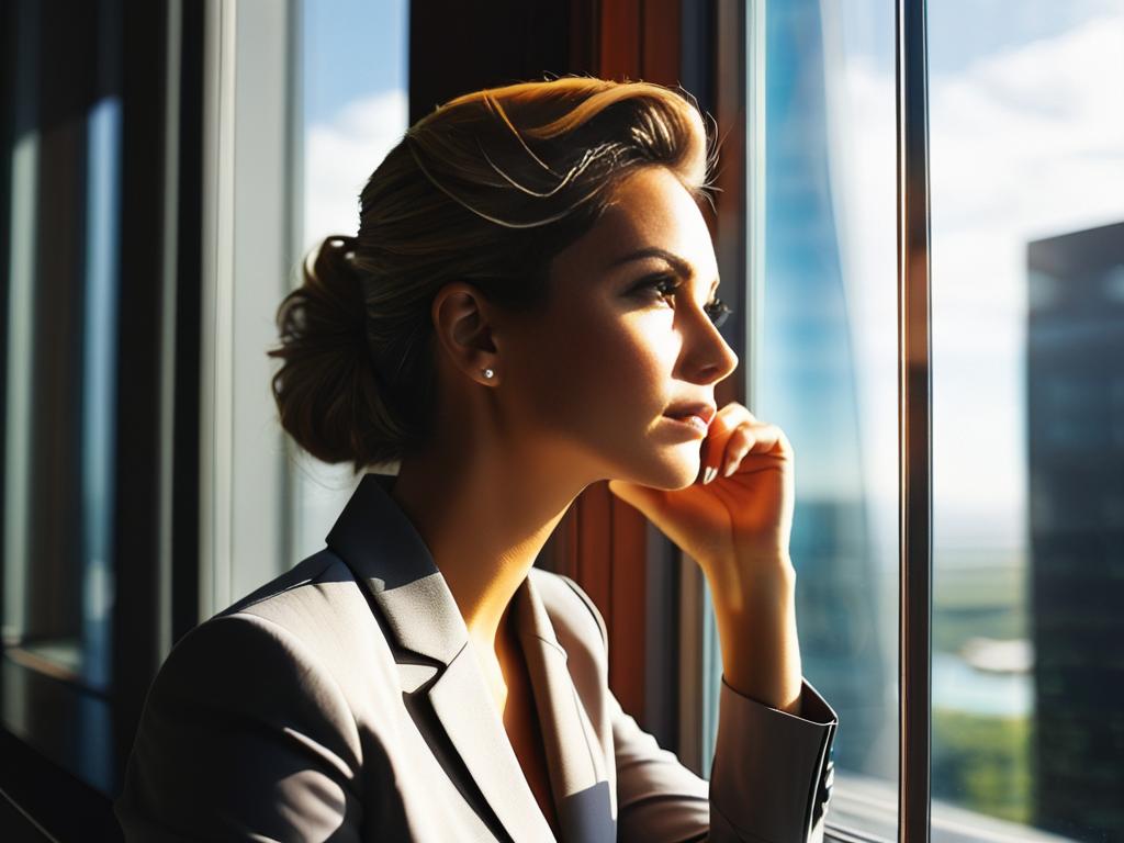 Женщина бизнес лидер смотрит в окно думая о новых возможностях и карьерном росте в 2024 году