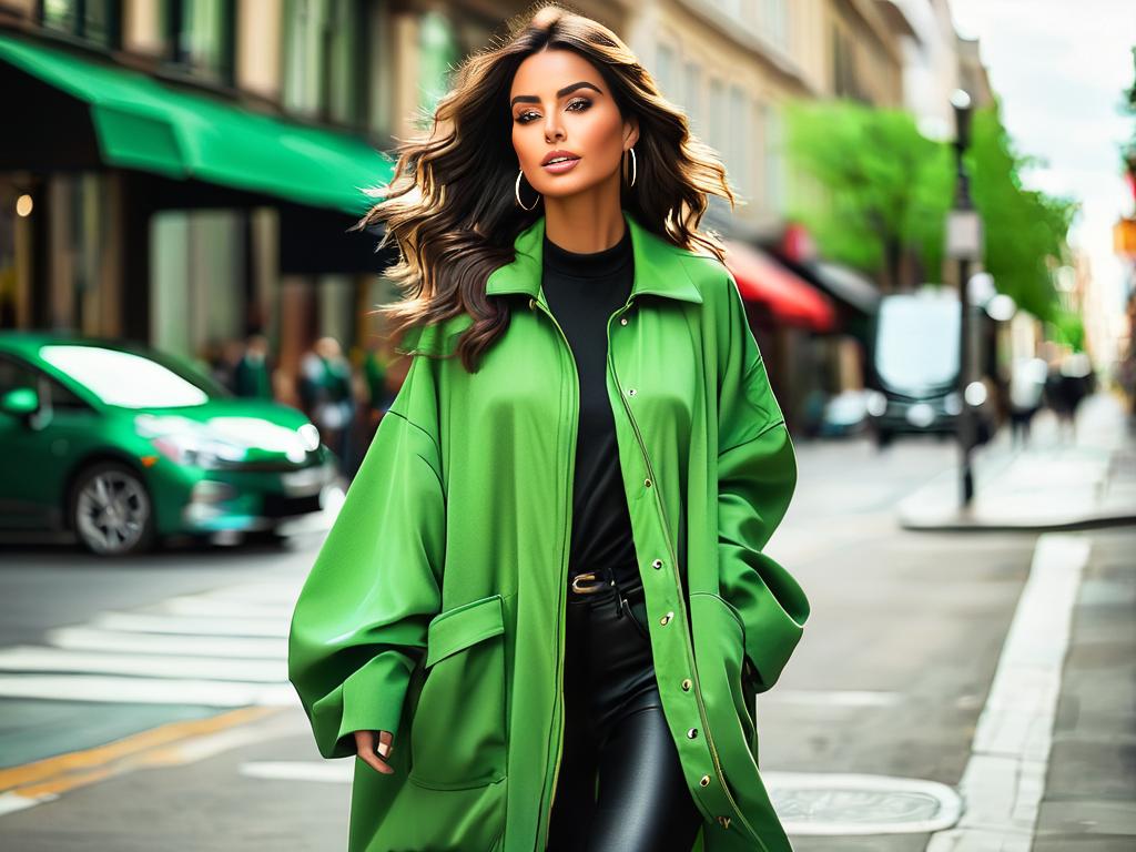 Девушка в зеленой oversize куртке идет по улице