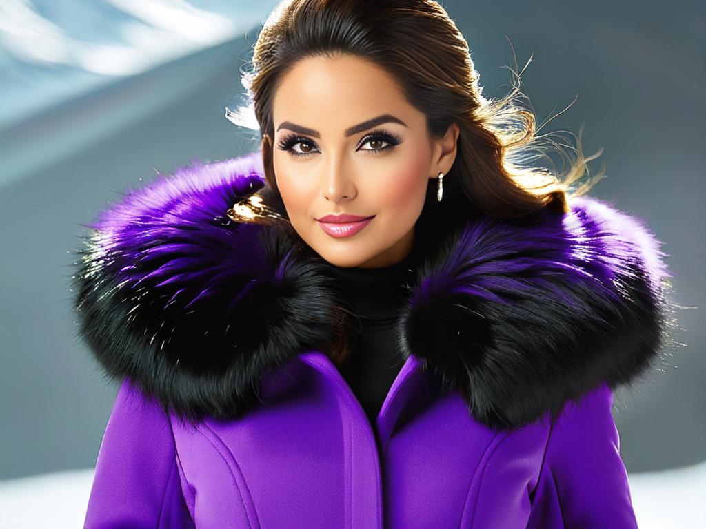 Женщина в фиолетовом пальто с меховой отделкой