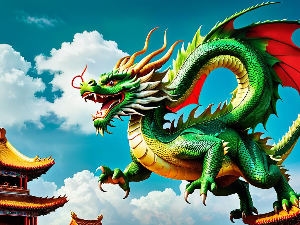 На изображении представлен небесный зеленый дракон как символ наступающего китайского Нового года