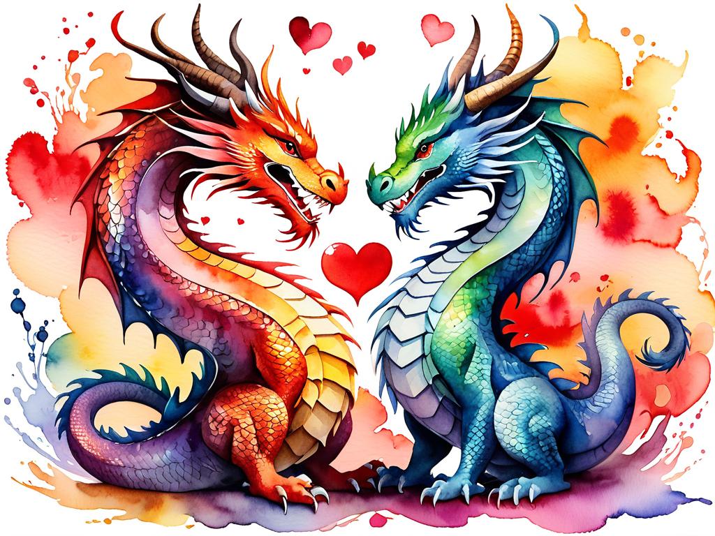 Иллюстрация двух Драконов в восточном стиле на тему любви и отношений