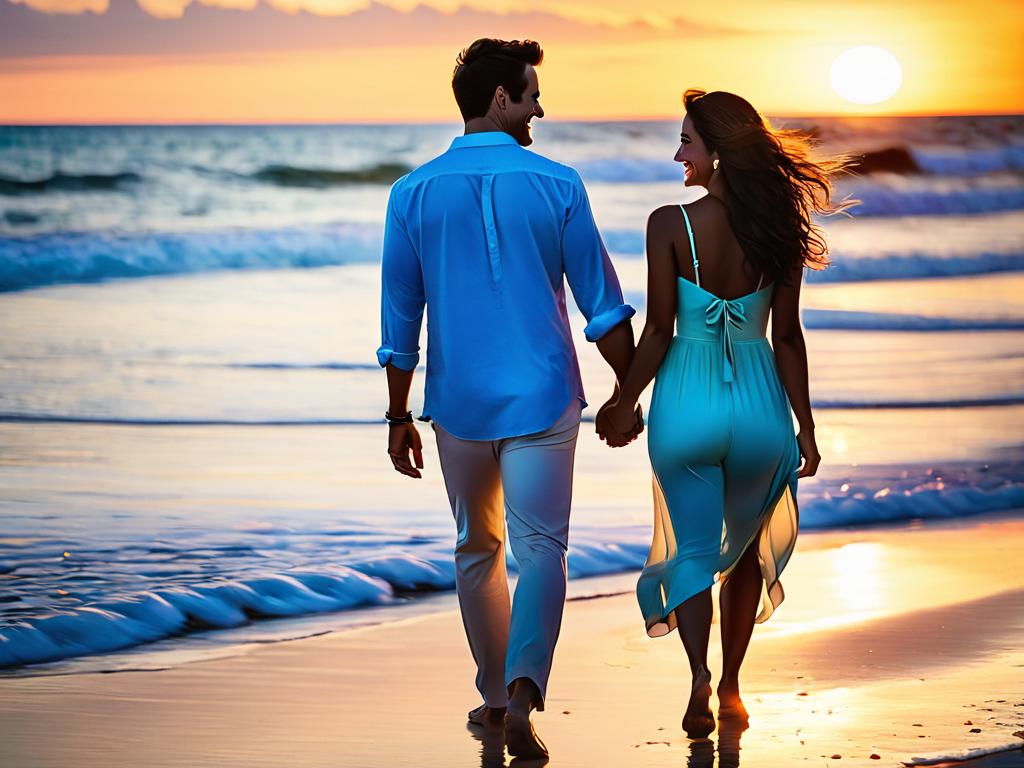 Счастливая пара идет за руку на закате на пляже