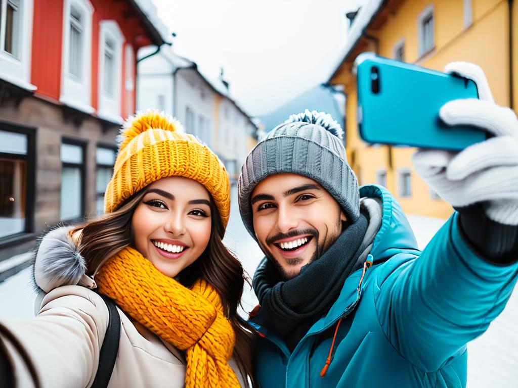 Счастливая молодая пара делает селфи на улице зимой в теплой одежде