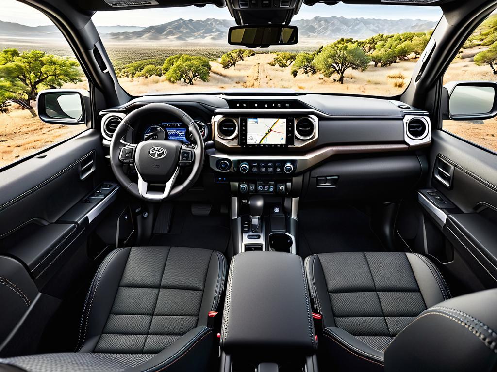 Интерьер новой Тойоты Такома 2024 года с большим сенсорным экраном и другими технологичными опциями.
