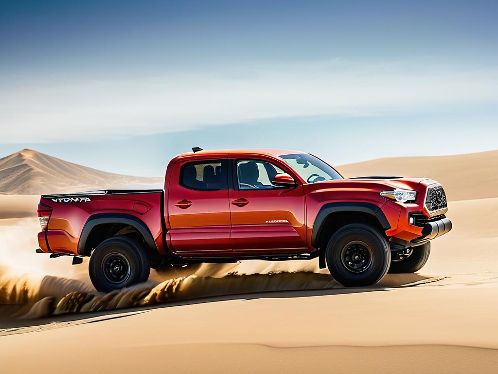Toyota Tacoma 2024 года едет по песчаным дюнам, вид сбоку демонстрирует динамичный облик автомобиля.