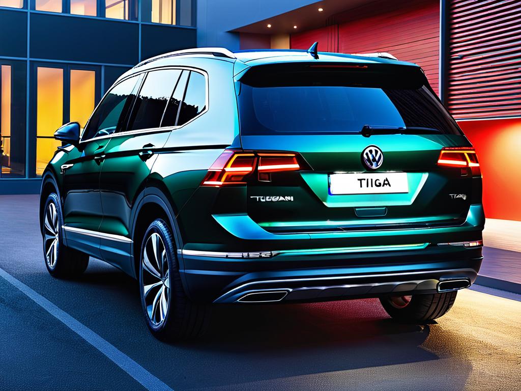 Вид сзади на Volkswagen Tiguan 2024 года со светодиодной полосой между задними фонарями