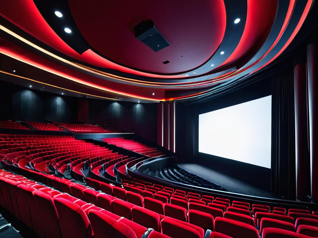 Кинозал с большим экраном и рядами красных кресел