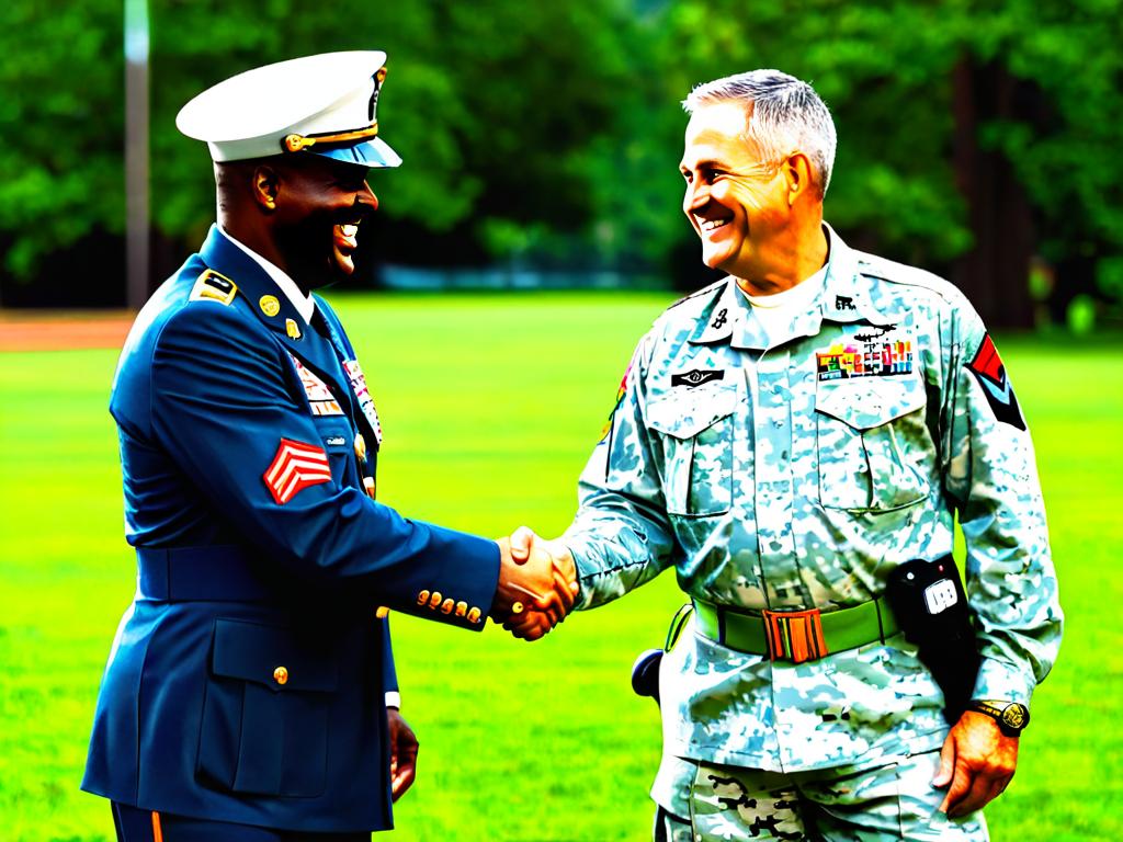 Двое военных пенсионеров жмут друг другу руки и улыбаются
