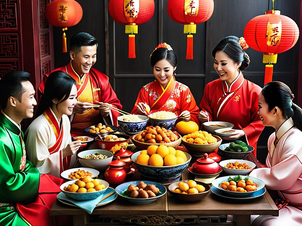 Китайцы в национальных костюмах празднуют Новый год за столом с едой
