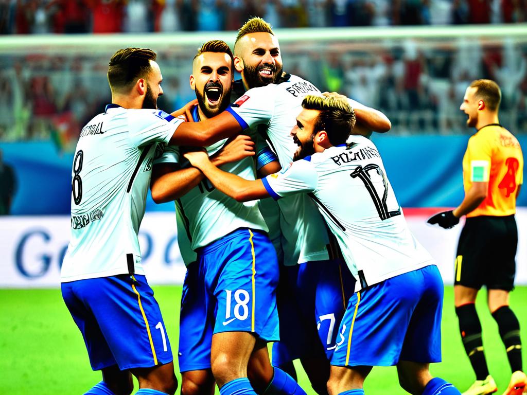 Игроки празднуют гол на Евро с флагом