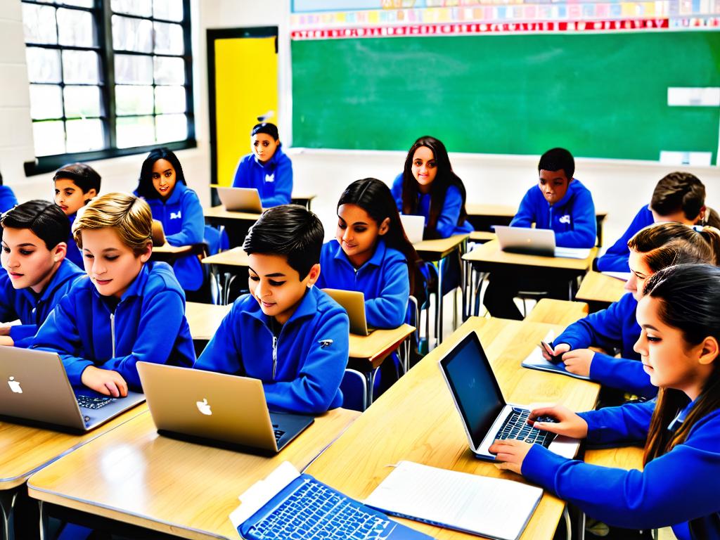 Ученики на уроке с использованием ноутбуков и планшетов