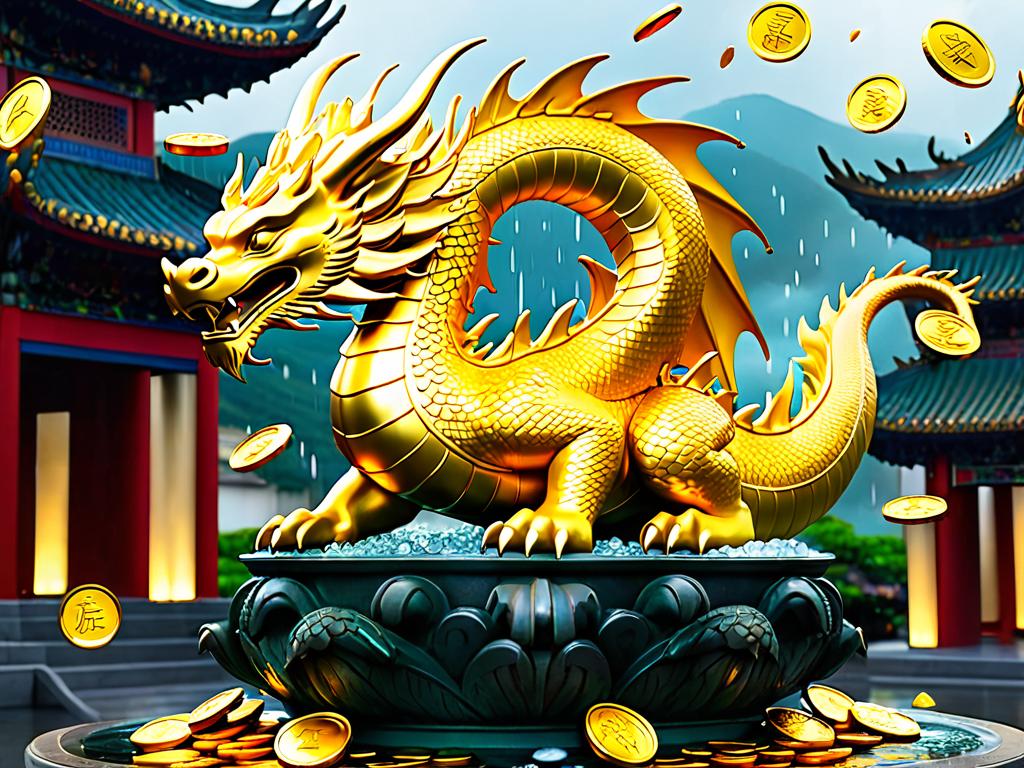 Статуя дракона с дождем золотых монет