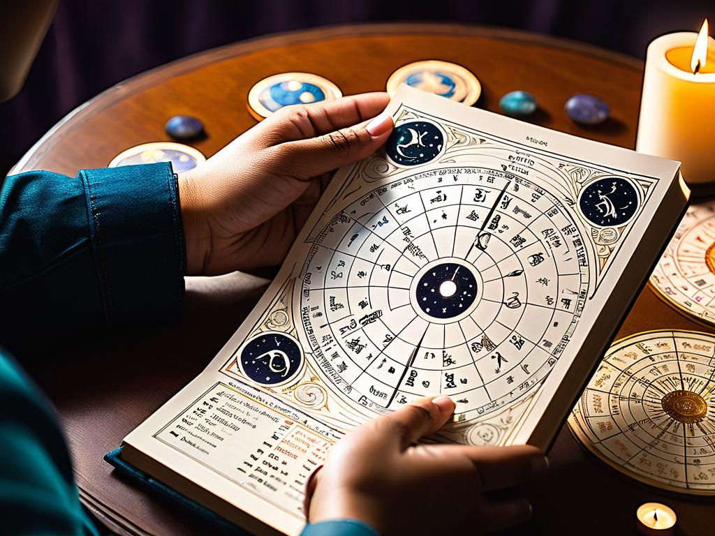 Человек читает книгу по астрологии и смотрит на зодиакальный круг