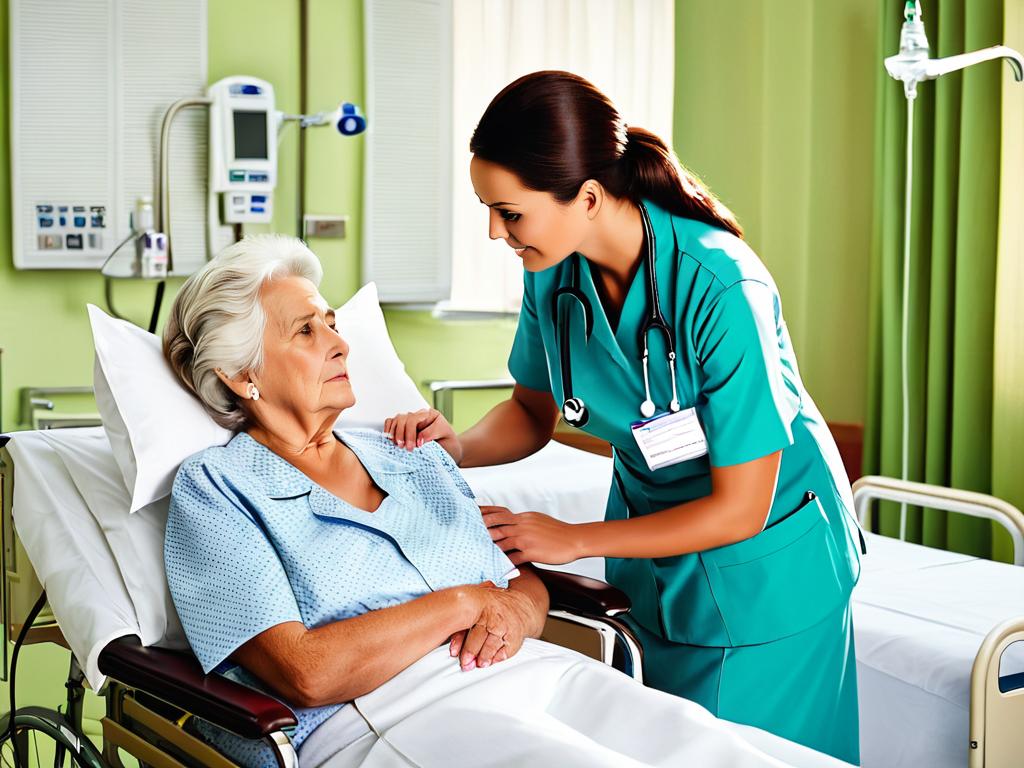 Медсестра утешает больного пожилого пациента в палате больницы. Только на русском языке.