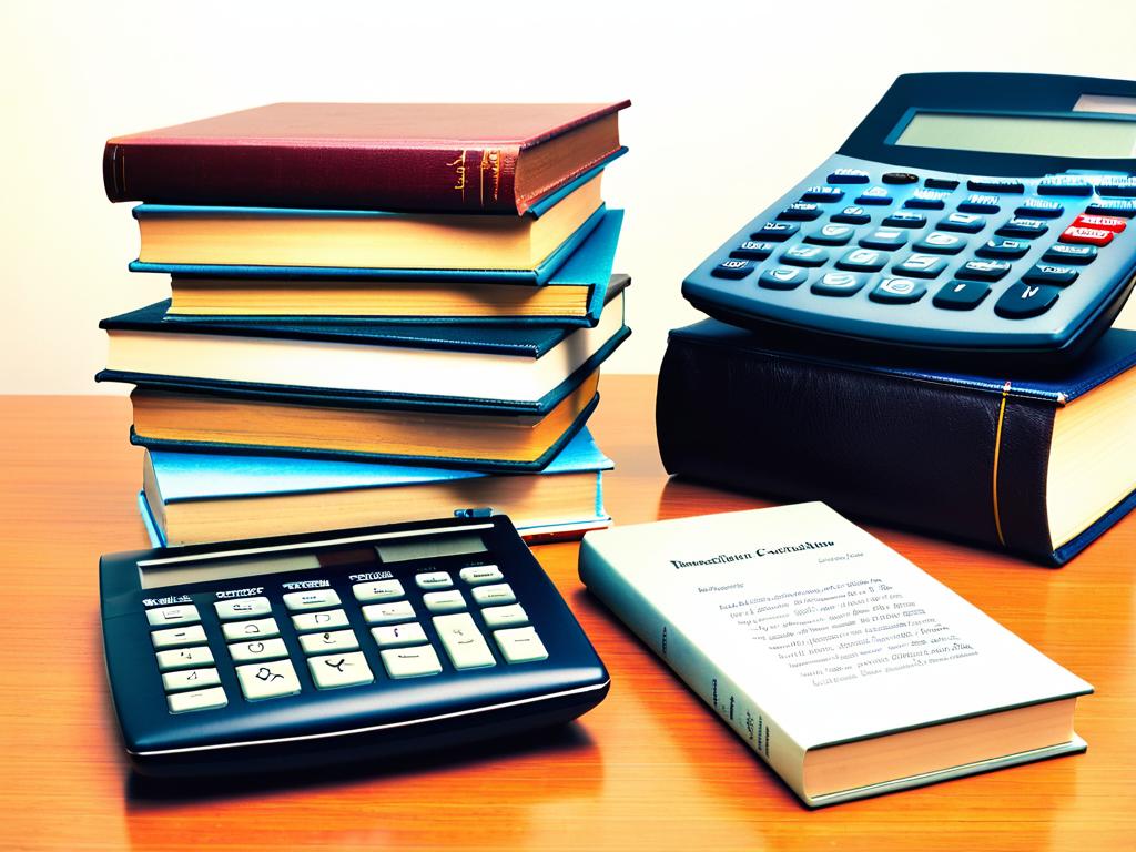 Стопка книг и калькулятор на столе