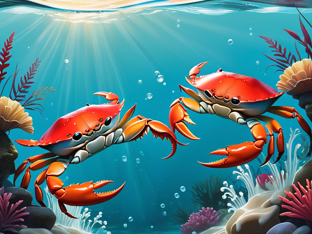 Иллюстрация двух крабов, держащихся за руки под водой и смотрящих друг на друга с любовью