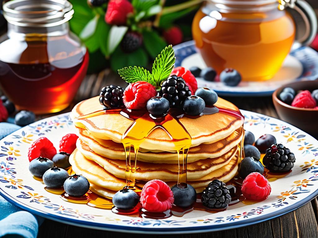 Пышные блины с медом и ягодами как традиционное масленичное угощение