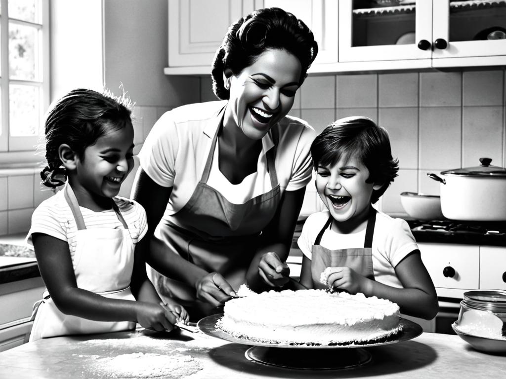 Черно-белая старая фотография мамы с детьми, они вместе пекут торт на кухне и смеются