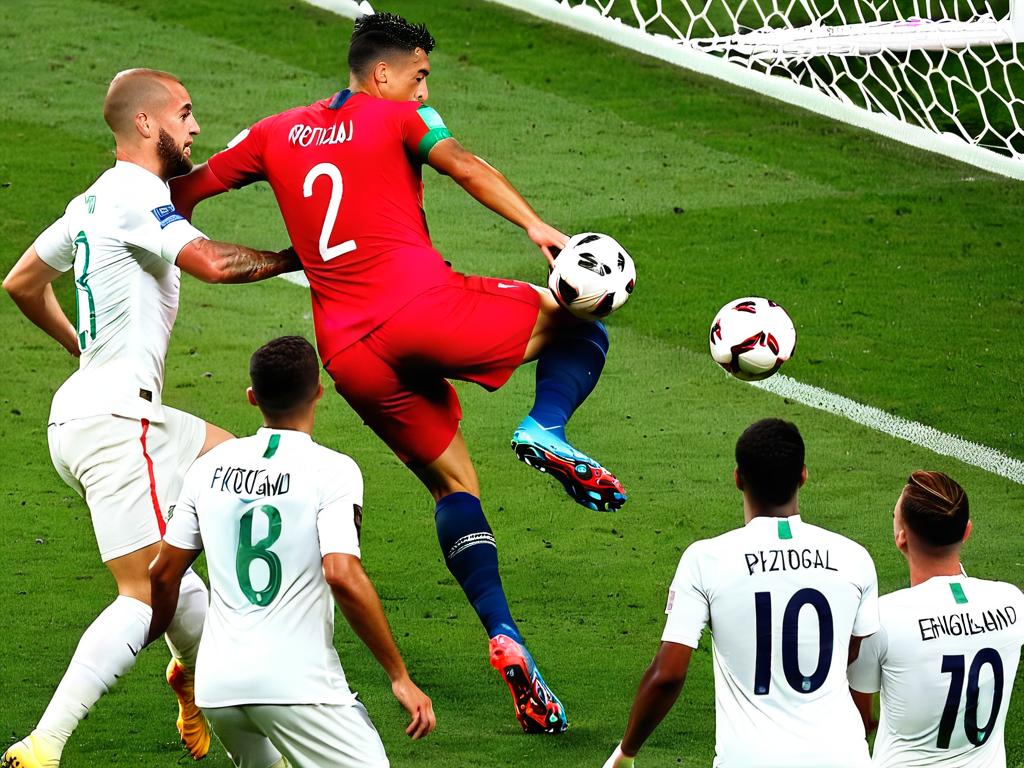Игроки борются за мяч во время матча 1/4 финала Евро-2024 между сборными Португалии и Англии