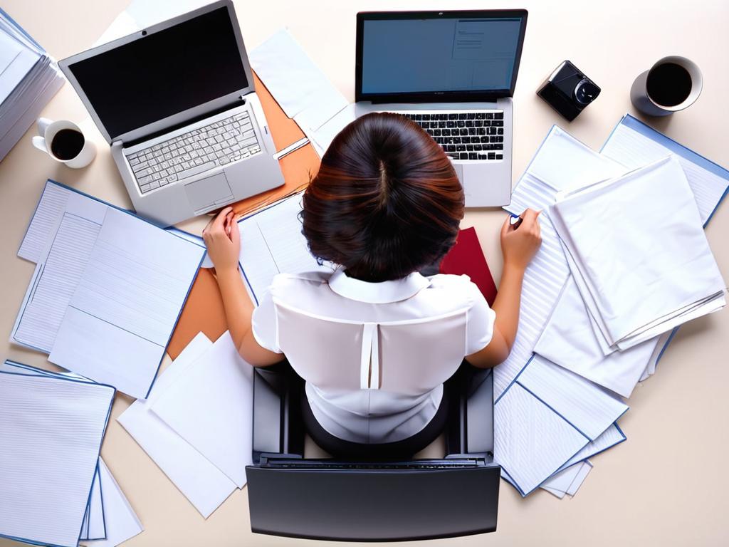 Вид сверху на женщину офисного работника перед ноутбуком и листами бумаги