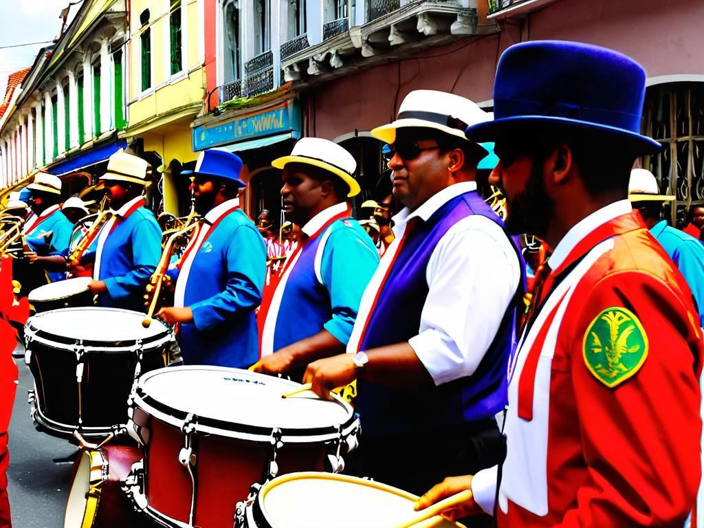 Уличные музыканты играют на барабанах и духовых инструментах