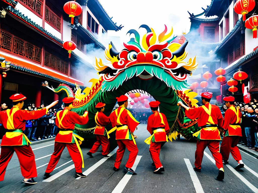 Китайский танец дракона, исполняемый на улицах во время празднования Нового года