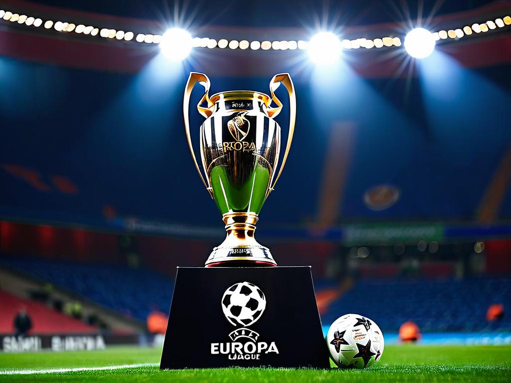 Кубок лиги европы на пьедестале с прожекторами и футбольным мячом