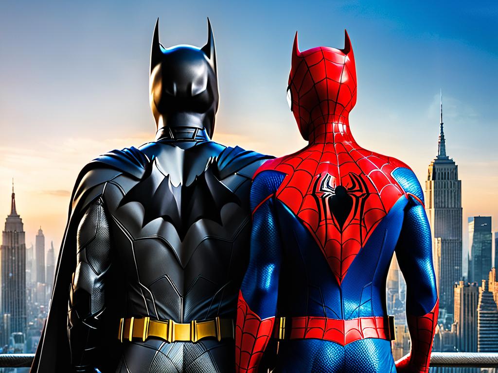 Супергерои Бэтмен и Человек-паук спиной к спине на фоне города