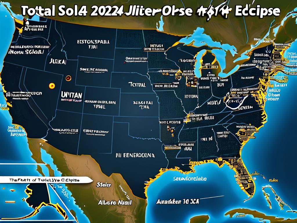 Карта пути полной фазы затмения 2024 года по США