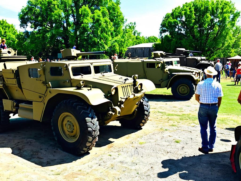 Группа людей рассматривает старинную военную технику во дворе музея