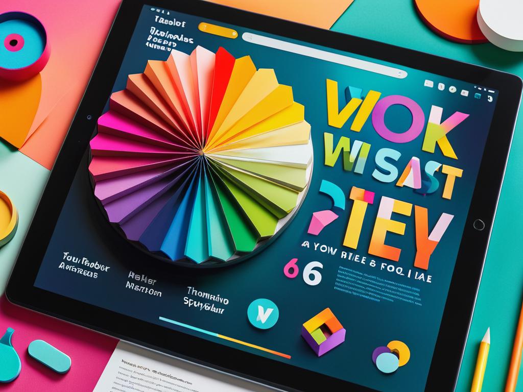 Крупный план цветных элементов дизайна и типографики на экране планшета