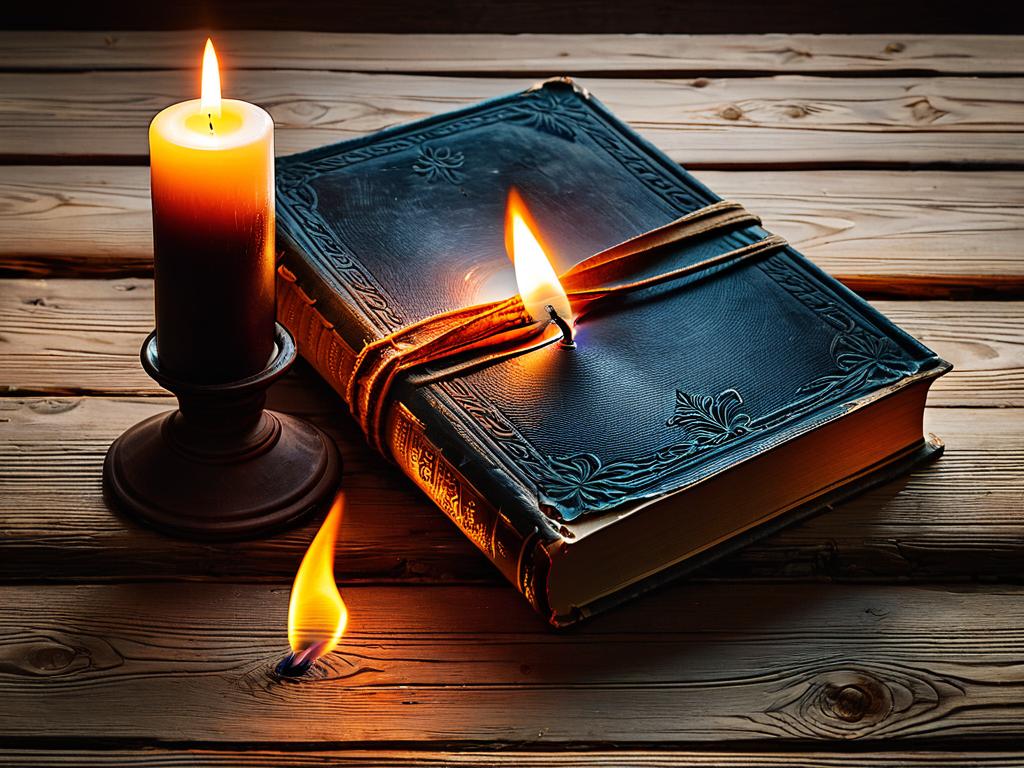 Старинная книга и горящая свеча на деревянном столе, визуальная метафора создания стихотворения