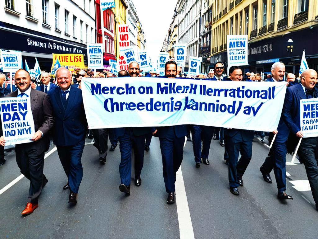 Мужчины участвуют в шествии в Международный день мужчин с плакатами