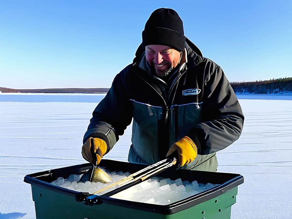 Мужчина ловит налима на мормышку со льда на замерзшем озере