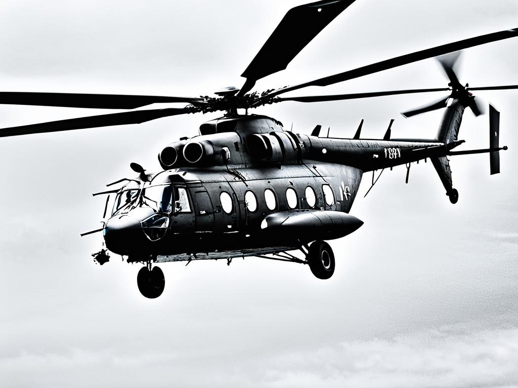 Черно-белое фото вертолета Ми-8 в полете