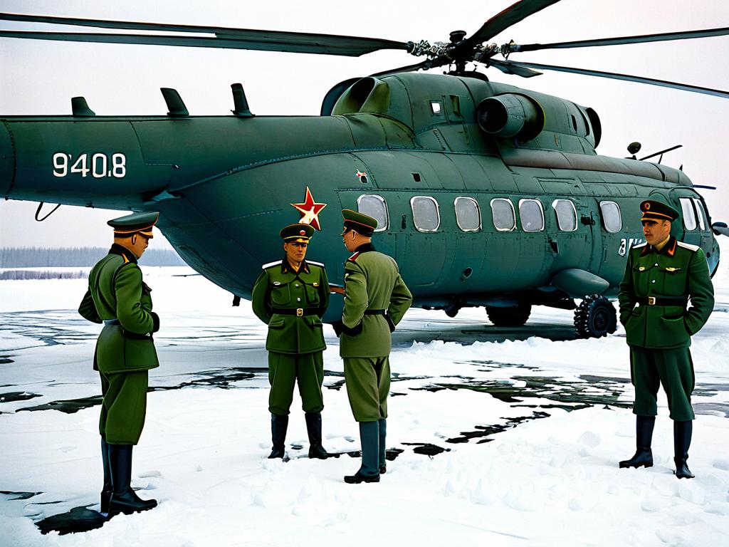 Советские военные осматривают вертолет Ми-8